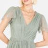 Anaya with Love Ladies Maxi Dress for Women Short Sleeve Evening Ball Gown Tiered V Neck Bow Tie Bridesmaid Wedding Guest Prom Long Robe Femme (Lot de 1)(Frosted Green)