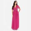 Maya Deluxe Womens Maxi Dress Ladies Ball Gown for Wedding Guest Embellished Tie Waist V Neck Bridesmaid Prom Evening Occasion Robe Femme(Fuchsia)
