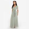 Maya Deluxe Womens Maxi Dress Ladies Ball Gown for Wedding Guest Embellished Tie Waist V Neck Bridesmaid Prom Evening Occasion Robe Femme(Green Lily)