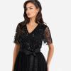 Maya Deluxe Womens Maxi Dress Ladies Ball Gown for Wedding Guest Embellished Tie Waist V Neck Bridesmaid Prom Evening Occasion Robe Femme(Noir)