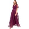 Anaya with Love Ladies Maxi Dress for Women V Neckline Short Sleeve Frilly Long Empire Waist for Wedding Guest Bridesmaid Maid of Honour Robe Femme (Lot de 1)(Prune)