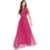 Maya Deluxe Womens Maxi Dress Ladies Ball Gown for Wedding Guest Embellished Tie Waist V Neck Bridesmaid Prom Evening Occasion Robe Femme(Fuchsia)