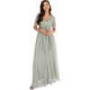 Maya Deluxe Womens Maxi Dress Ladies Ball Gown for Wedding Guest Embellished Tie Waist V Neck Bridesmaid Prom Evening Occasion Robe Femme(Green Lily)