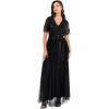 Maya Deluxe Womens Maxi Dress Ladies Ball Gown for Wedding Guest Embellished Tie Waist V Neck Bridesmaid Prom Evening Occasion Robe Femme(Noir)