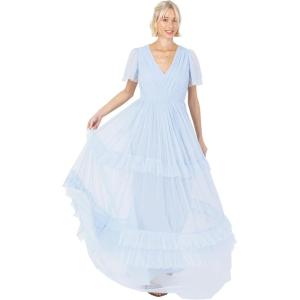 Anaya with Love Ladies Maxi Dress for Women Short Sleeve Evening Ball Gown Tiered V Neck Bow Tie Bridesmaid Wedding Guest Prom Long Robe Femme (Lot de 1)(Light Blue)