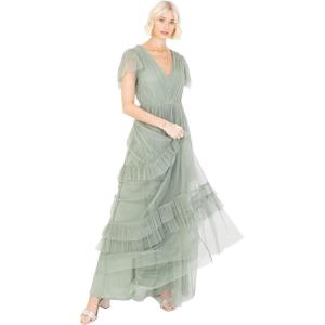 Anaya with Love Ladies Maxi Dress for Women Short Sleeve Evening Ball Gown Tiered V Neck Bow Tie Bridesmaid Wedding Guest Prom Long Robe Femme (Lot de 1)(Frosted Green)