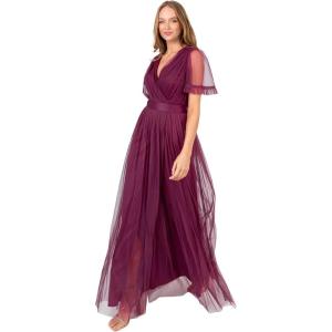 Anaya with Love Ladies Maxi Dress for Women V Neckline Short Sleeve Frilly Long Empire Waist for Wedding Guest Bridesmaid Maid of Honour Robe Femme (Lot de 1)(Prune)