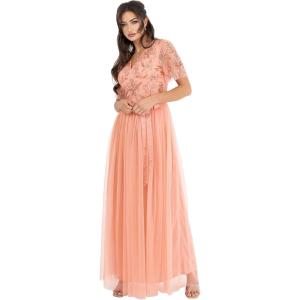 Maya Deluxe Womens Maxi Dress Ladies Ball Gown for Wedding Guest Embellished Tie Waist V Neck Bridesmaid Prom Evening Occasion Robe Femme(Apricot Blush)