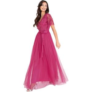 Maya Deluxe Womens Maxi Dress Ladies Ball Gown for Wedding Guest Embellished Tie Waist V Neck Bridesmaid Prom Evening Occasion Robe Femme(Fuchsia)