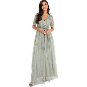 Maya Deluxe Womens Maxi Dress Ladies Ball Gown for Wedding Guest Embellished Tie Waist V Neck Bridesmaid Prom Evening Occasion Robe Femme(Green Lily)