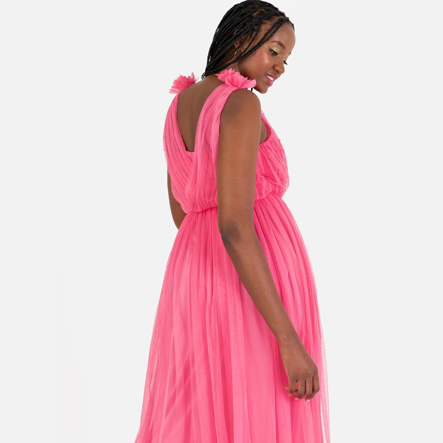 imageAnaya with Love Womens Maxi Dress Ladies Sleeveless VNeck Sequin Embellished Tulle Ruffle Shoulder ALine Bridesmaid Prom Ball Gown Robe FemmeHot Pink