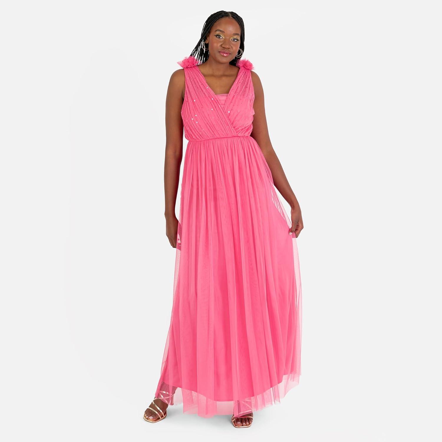 imageAnaya with Love Womens Maxi Dress Ladies Sleeveless VNeck Sequin Embellished Tulle Ruffle Shoulder ALine Bridesmaid Prom Ball Gown Robe FemmeHot Pink