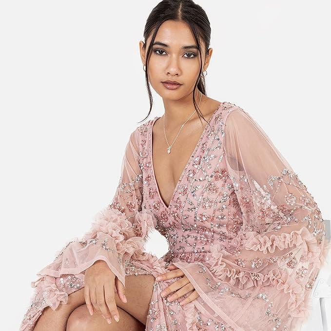 imageMaya Deluxe Ladies Womens Maxi Dress V Neckline Sequin with Ruffle Empire Waist Slit Split for Prom Ball Bridesmaid Wedding Guest Robes Femme Lot de 1Frosted Pink