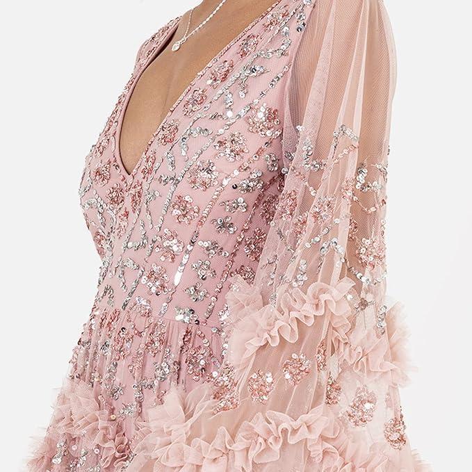 imageMaya Deluxe Ladies Womens Maxi Dress V Neckline Sequin with Ruffle Empire Waist Slit Split for Prom Ball Bridesmaid Wedding Guest Robes Femme Lot de 1Frosted Pink