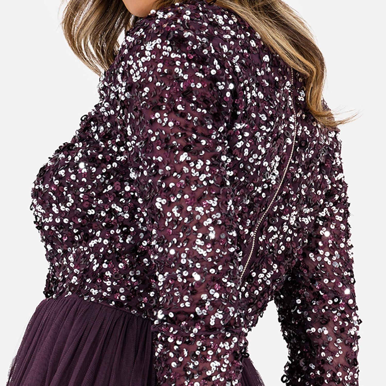 imageMaya Deluxe Robe Midi Manches Longues avec Dcollet Plongeant en V et Paillettes pour Femme Demoiselle dhonneurBaie