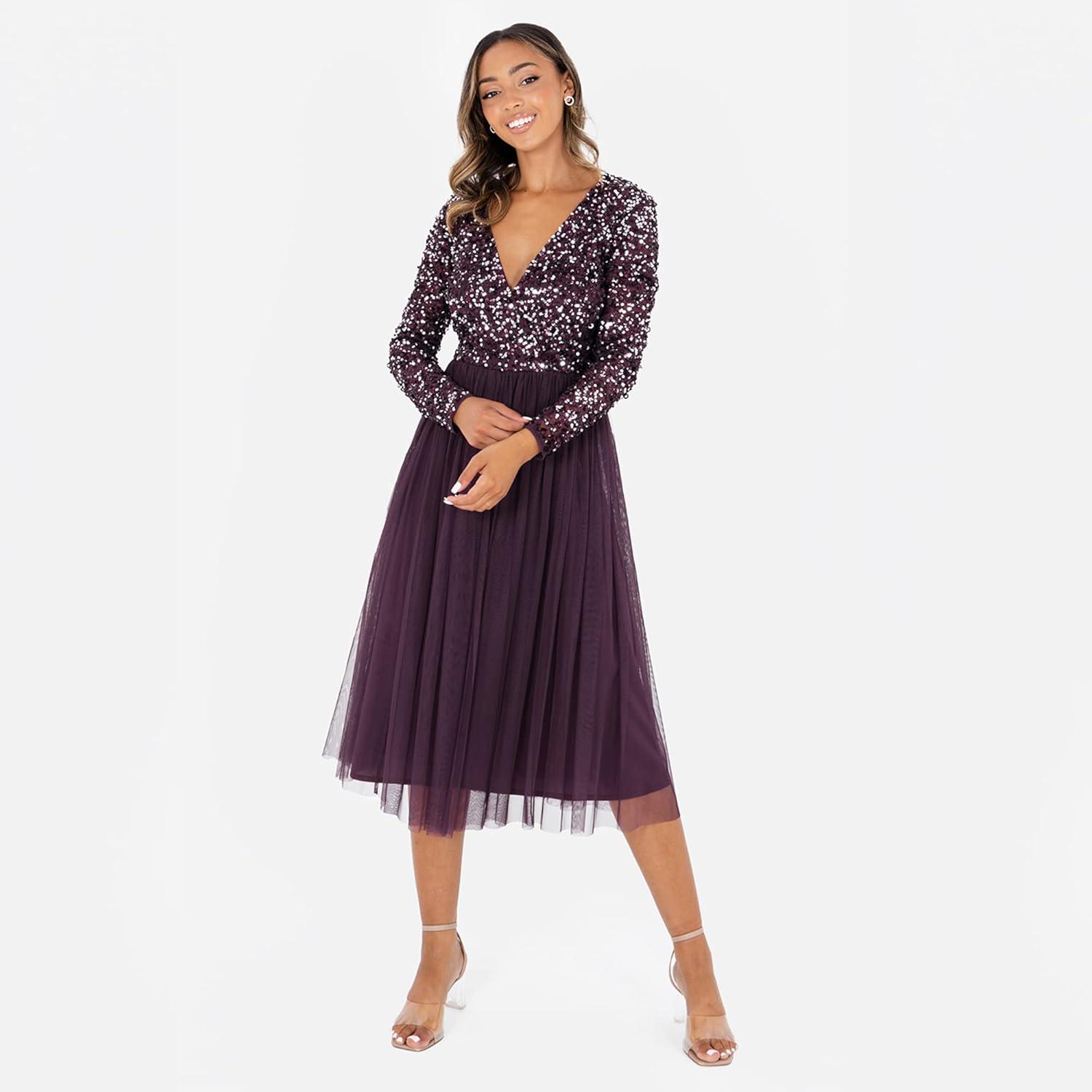 imageMaya Deluxe Robe Midi Manches Longues avec Dcollet Plongeant en V et Paillettes pour Femme Demoiselle dhonneurBaie