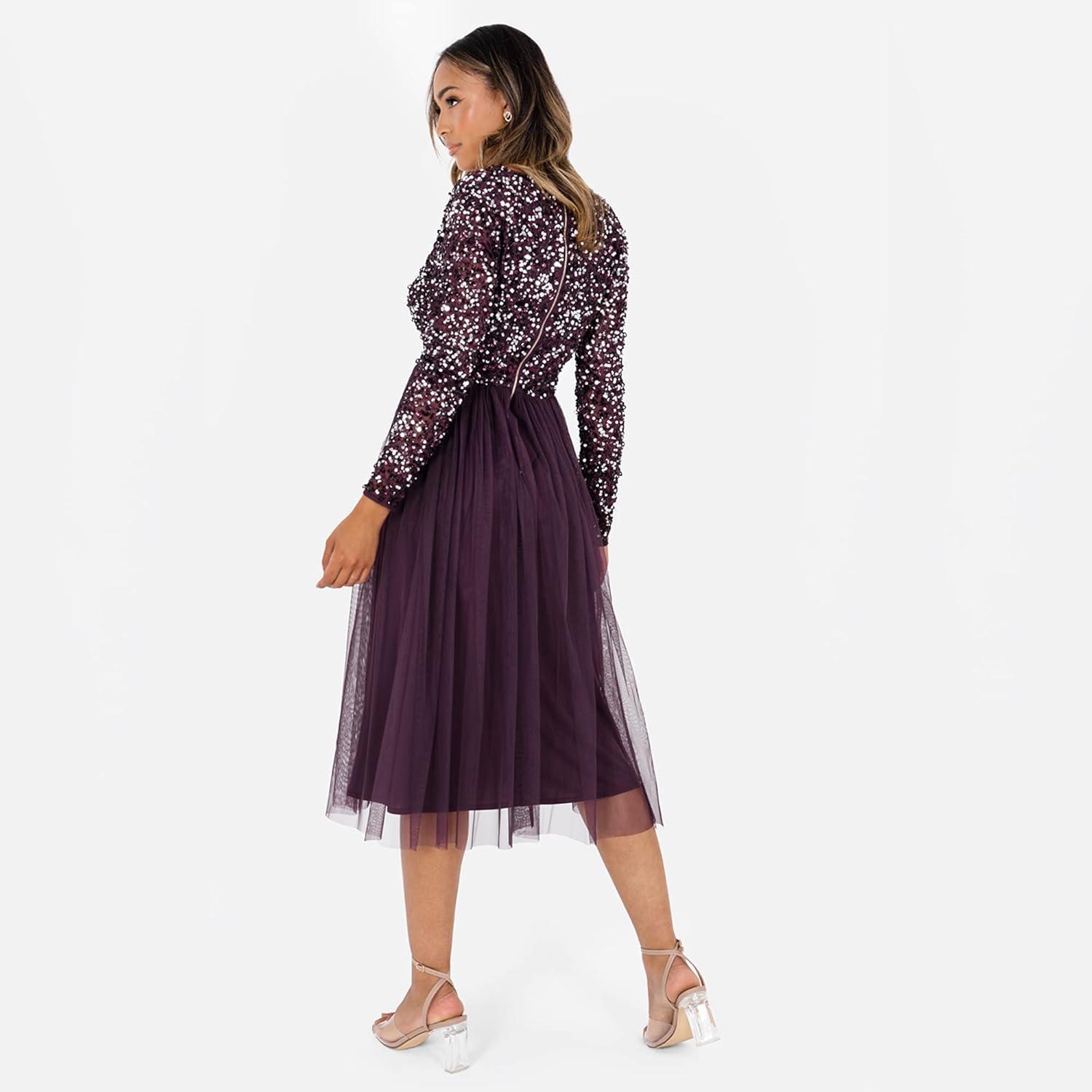 imageMaya Deluxe Robe Midi Manches Longues avec Dcollet Plongeant en V et Paillettes pour Femme Demoiselle dhonneurBaie