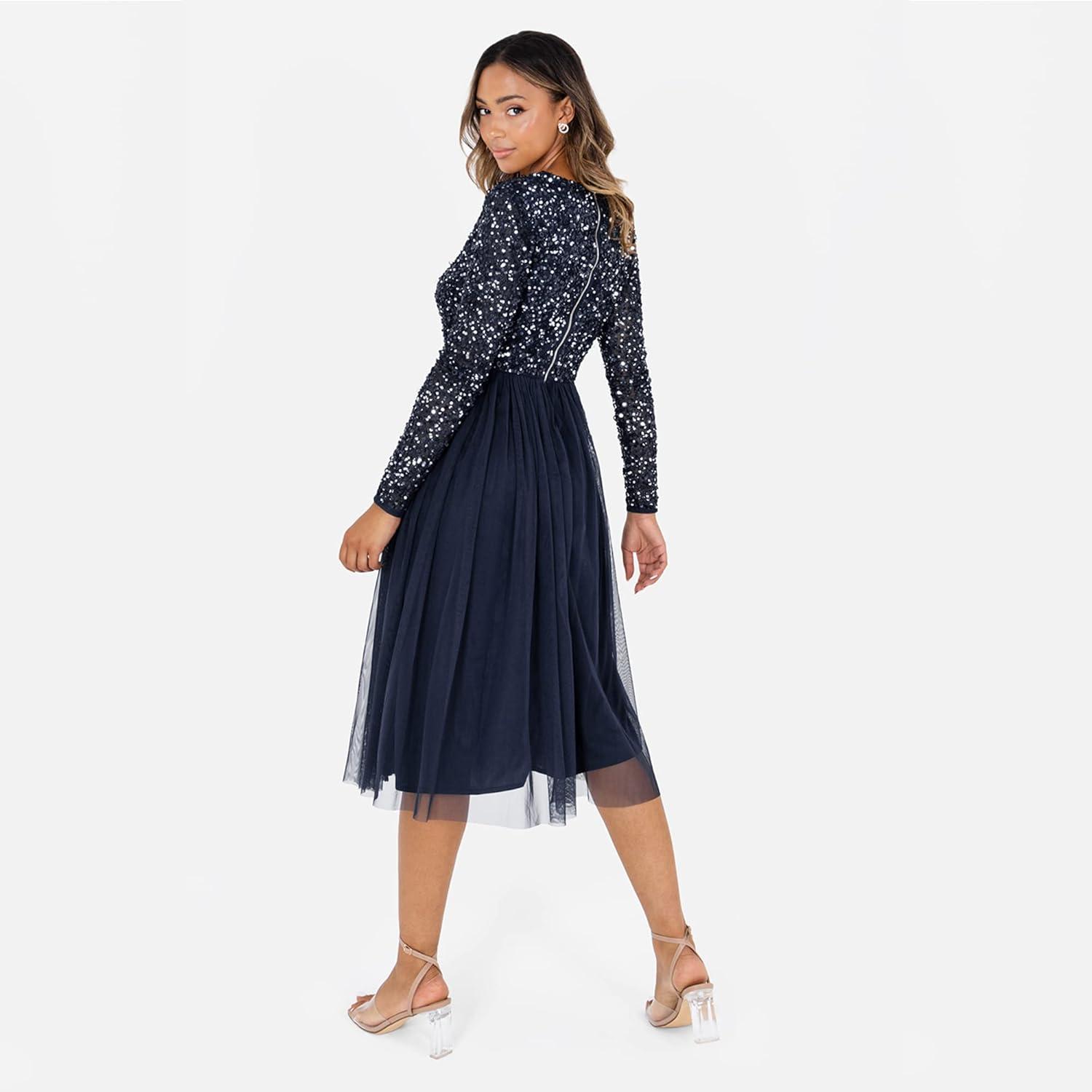 imageMaya Deluxe Robe Midi Manches Longues avec Dcollet Plongeant en V et Paillettes pour Femme Demoiselle dhonneurBleu Marine