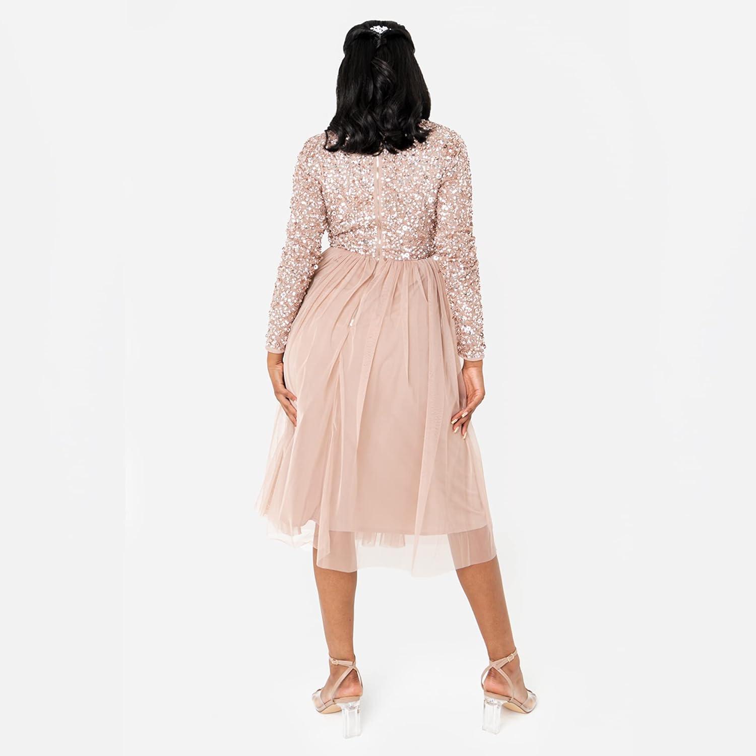 imageMaya Deluxe Robe Midi Manches Longues avec Dcollet Plongeant en V et Paillettes pour Femme Demoiselle dhonneurBlush Taupe