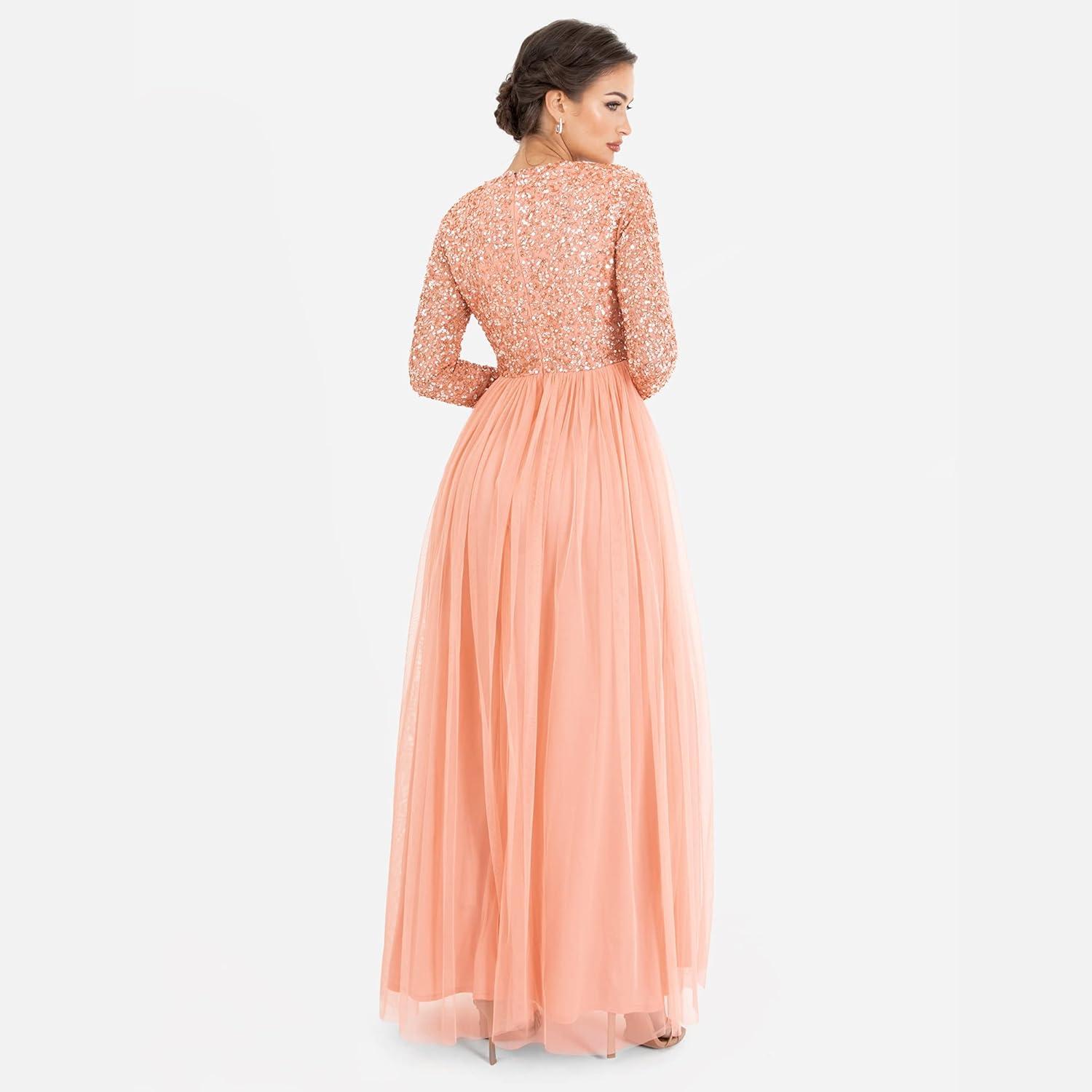 imageMaya Deluxe Robe dinvit de Mariage Manches Longues et col en V pour Femme VertApricot