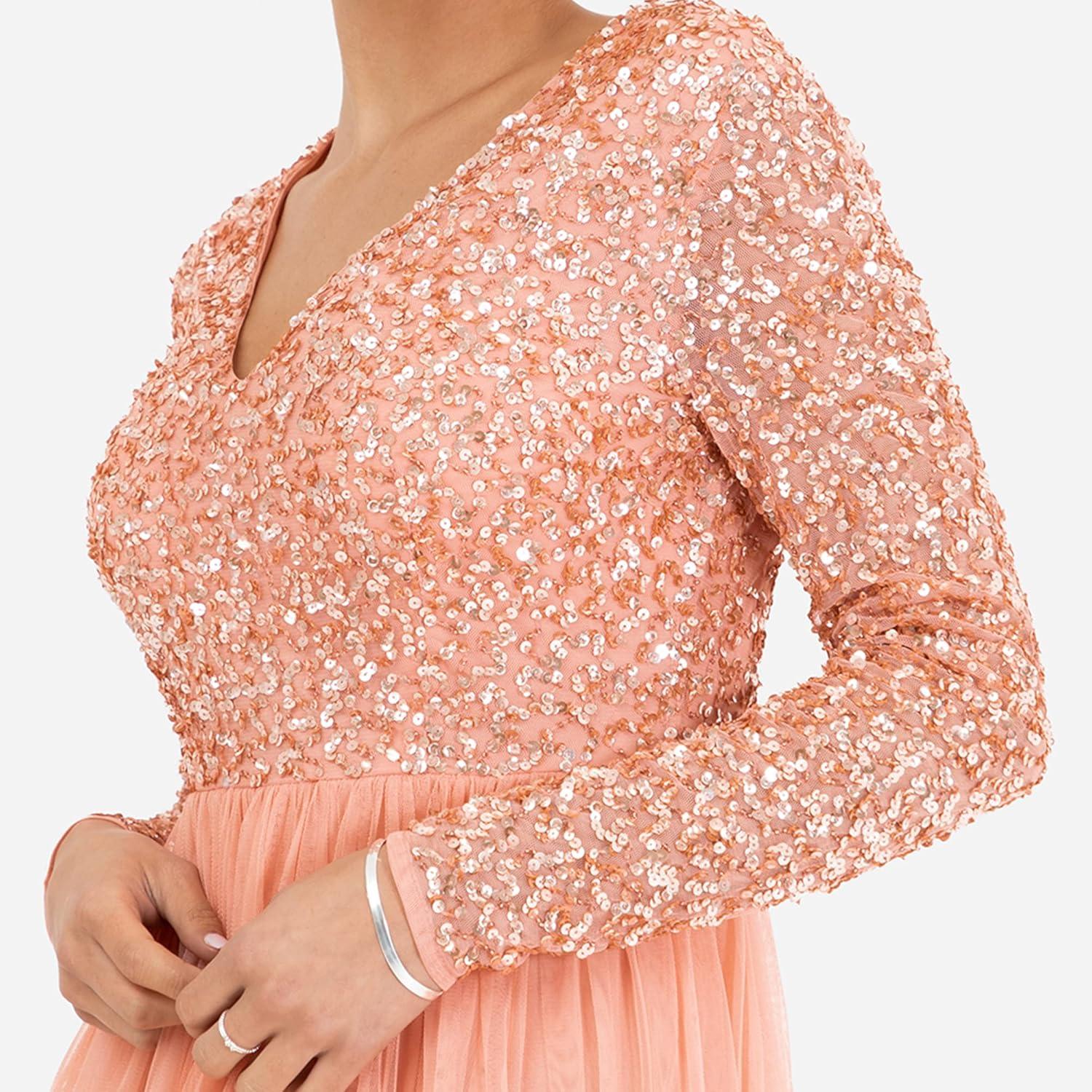 imageMaya Deluxe Robe dinvit de Mariage Manches Longues et col en V pour Femme VertApricot