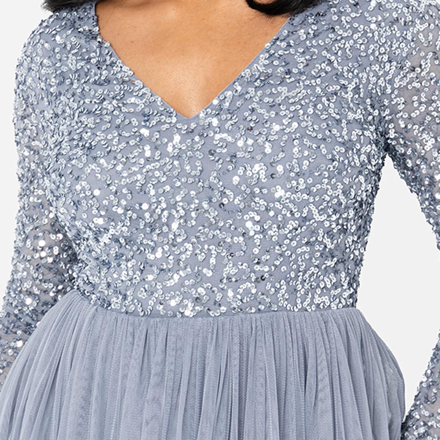 imageMaya Deluxe Robe dinvit de Mariage Manches Longues et col en V pour Femme VertDusty Blue