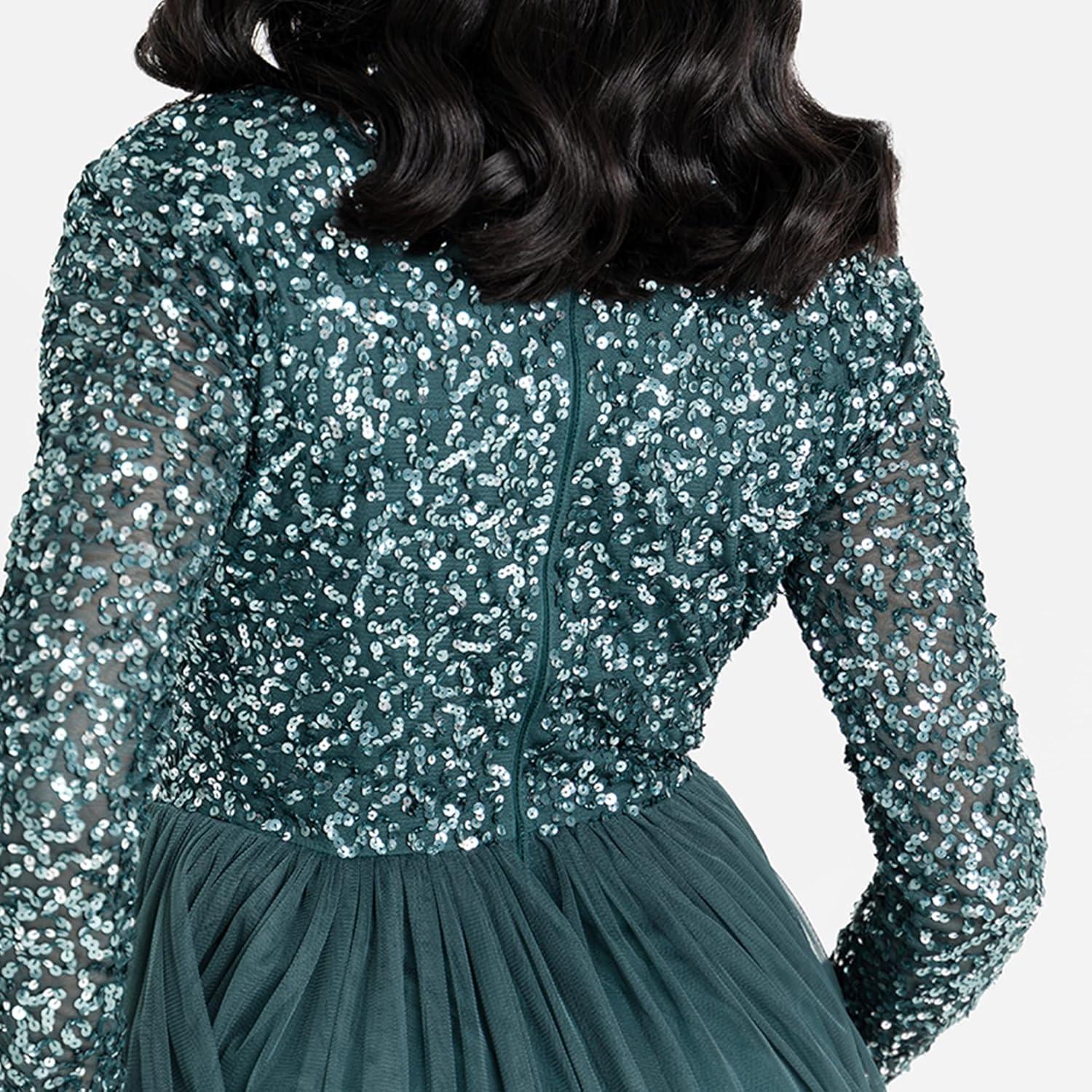 imageMaya Deluxe Robe dinvit de Mariage Manches Longues et col en V pour Femme VertEmerald Green