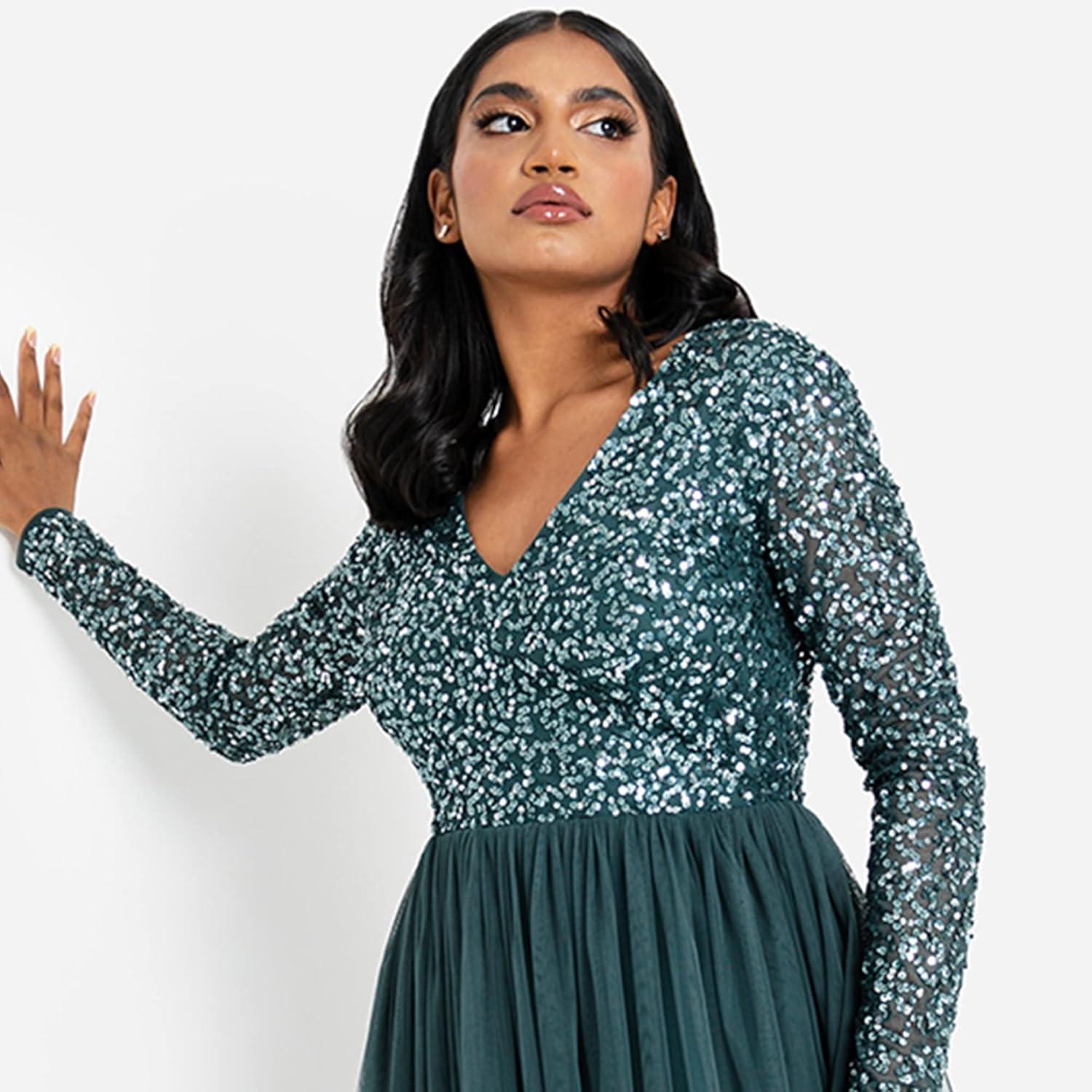imageMaya Deluxe Robe dinvit de Mariage Manches Longues et col en V pour Femme VertEmerald Green