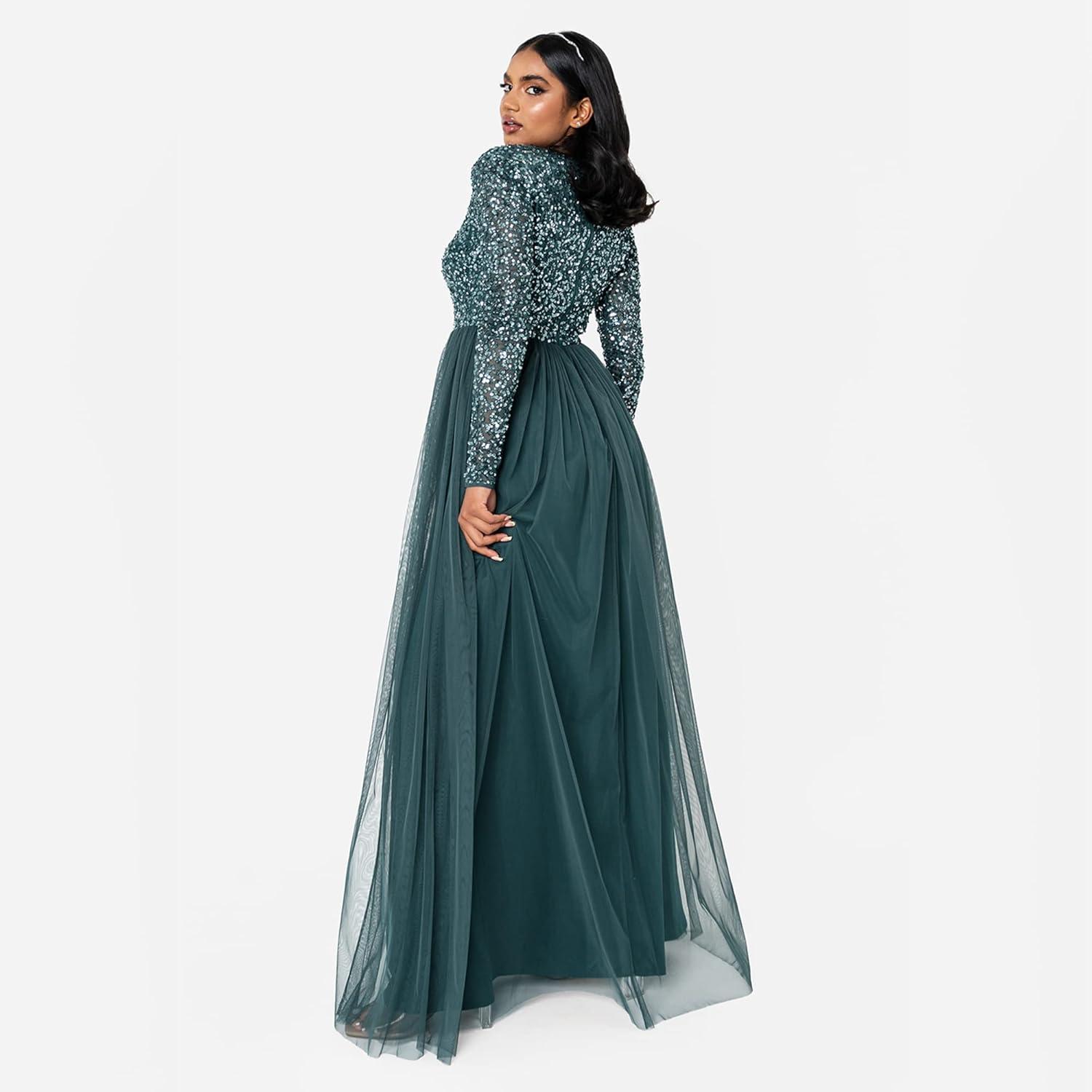 imageMaya Deluxe Robe dinvit de Mariage Manches Longues et col en V pour Femme VertEmerald Green
