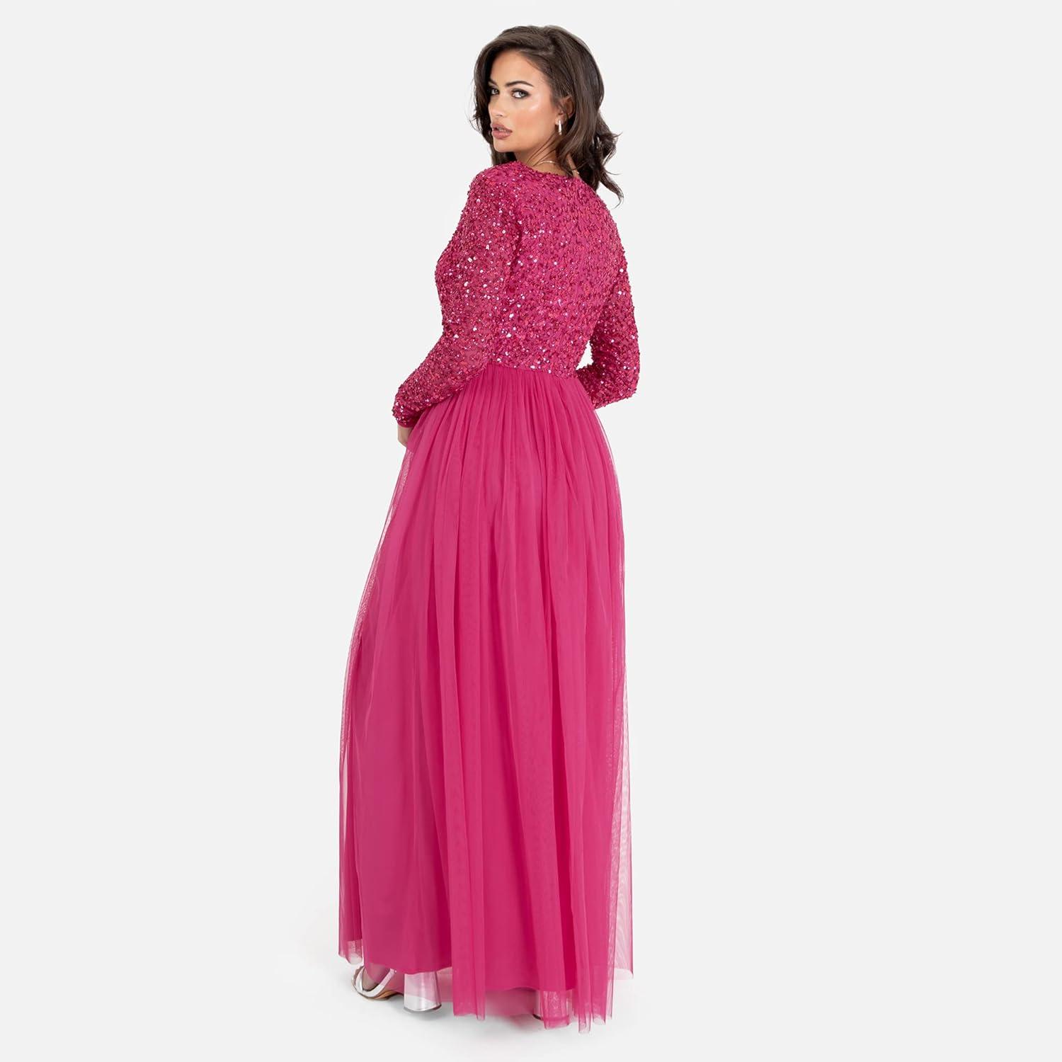 imageMaya Deluxe Robe dinvit de Mariage Manches Longues et col en V pour Femme VertFuschia
