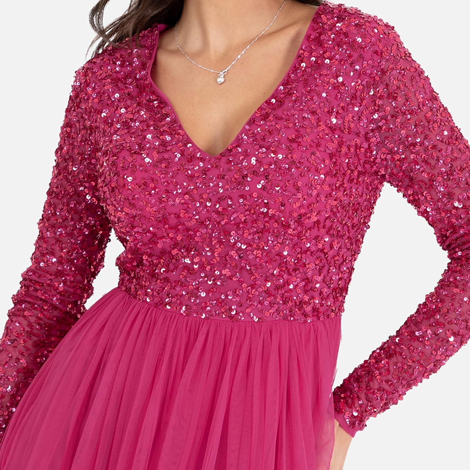 imageMaya Deluxe Robe dinvit de Mariage Manches Longues et col en V pour Femme VertFuschia