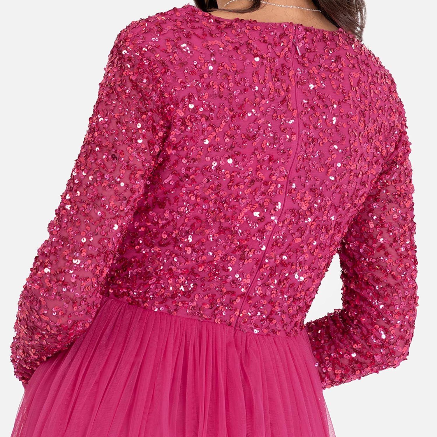 imageMaya Deluxe Robe dinvit de Mariage Manches Longues et col en V pour Femme VertFuschia