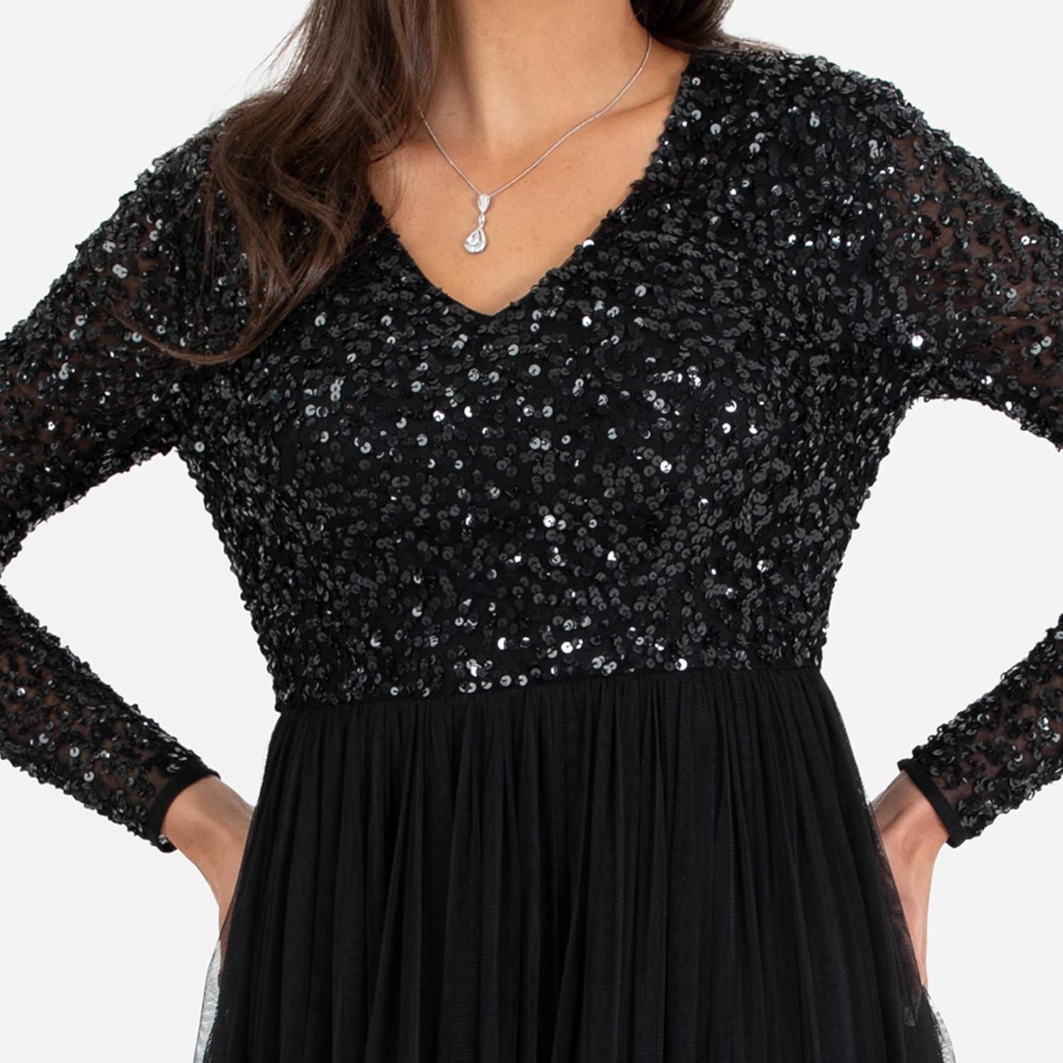 imageMaya Deluxe Robe dinvit de Mariage Manches Longues et col en V pour Femme VertNoir