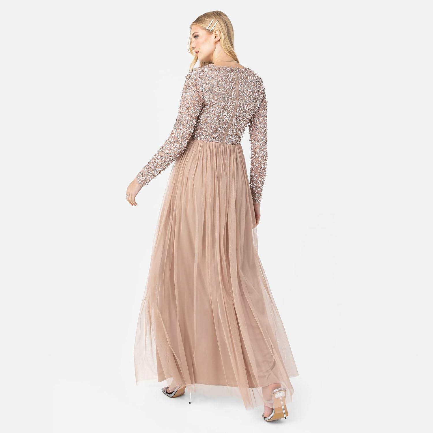 imageMaya Deluxe Robe dinvite de Mariage Femme Manches Longues et col V VertTaupe Blush
