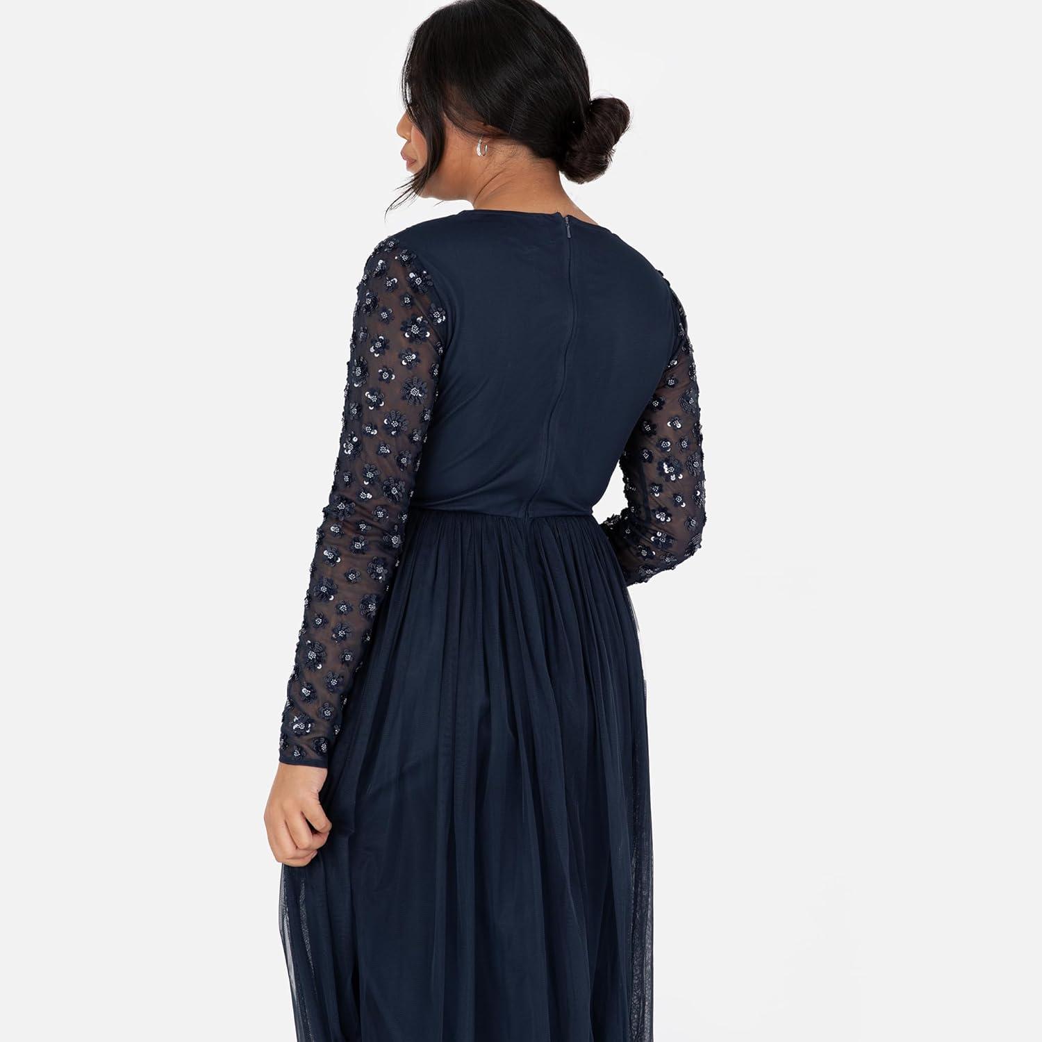 imageMaya Deluxe Womens Ladies Maxi Dress Long Sleeve Round Neck Sequin Embellished Tulle Floral ALine for Occasion Prom Ball Gown Dress Femme Lot de 1Navy Blue