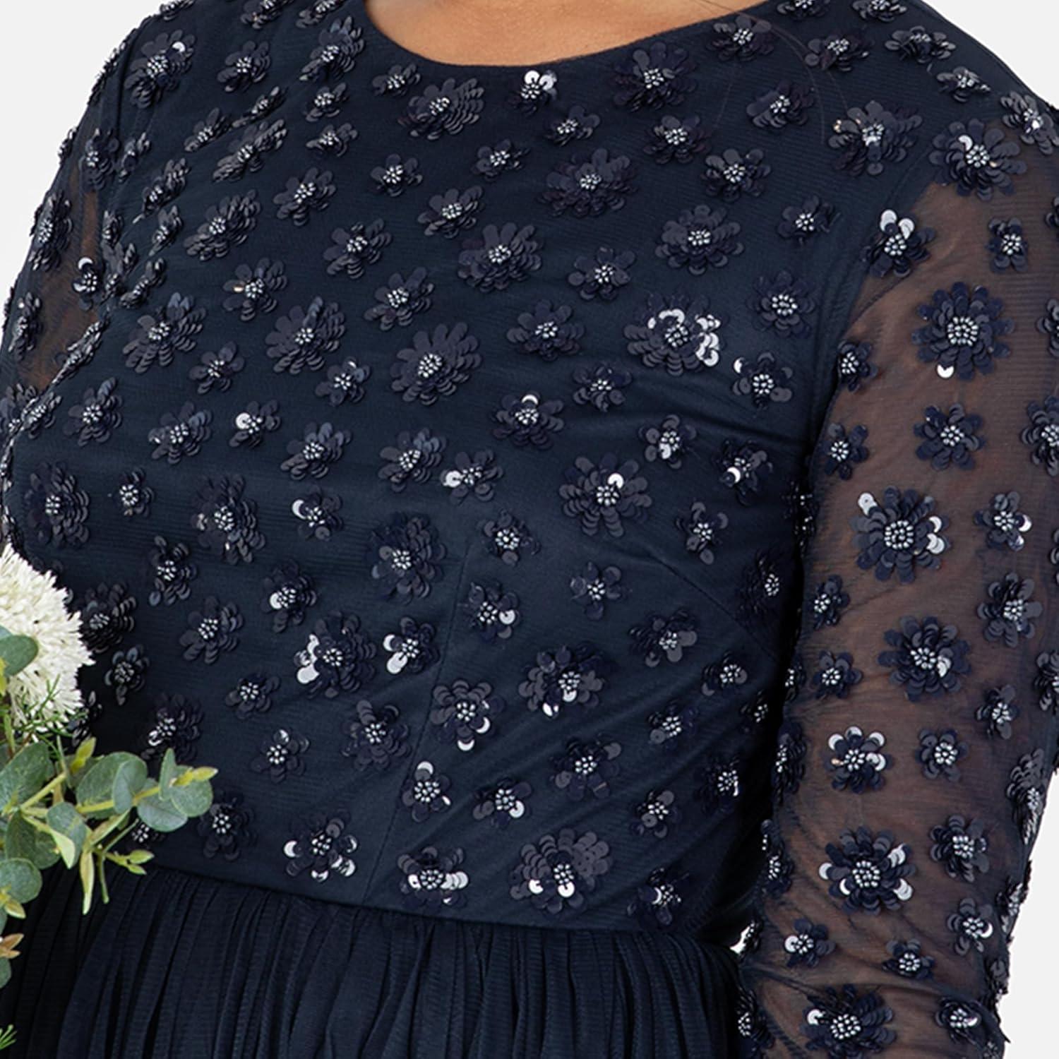 imageMaya Deluxe Womens Ladies Maxi Dress Long Sleeve Round Neck Sequin Embellished Tulle Floral ALine for Occasion Prom Ball Gown Dress Femme Lot de 1Navy Blue