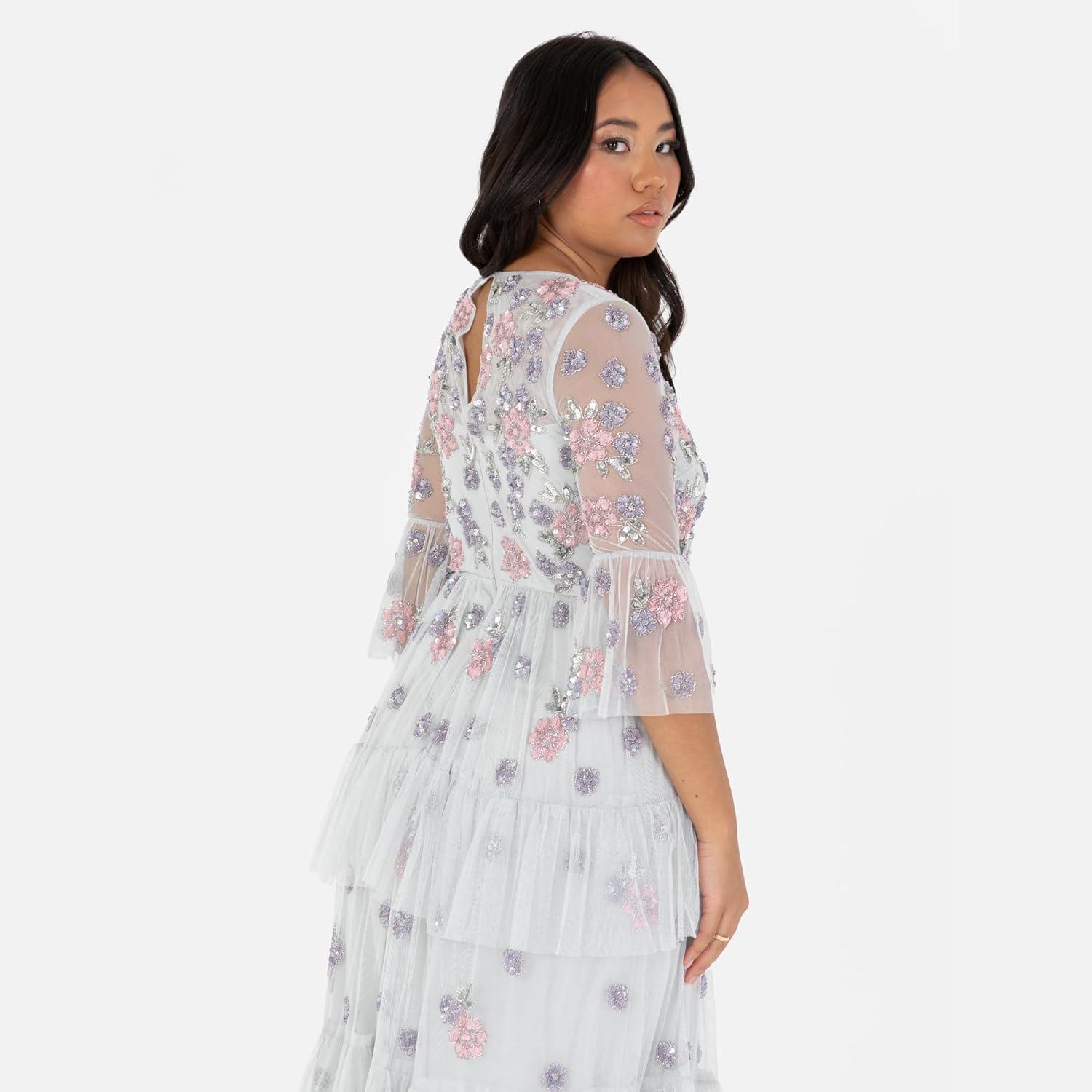 imageMaya Deluxe Womens Ladies Maxi Dress Round Neck 34 Sleeve Floral Sequin Embellished Ruffle ALine for Wedding Guest Prom Ball Gown Robe Femme Lot de 1Glacier Grey