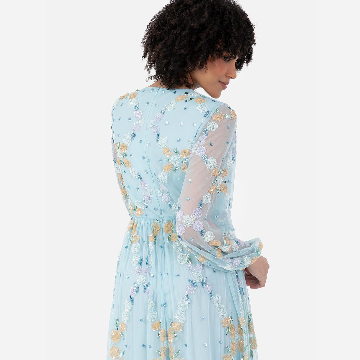 imageMaya Deluxe Womens Midaxi Dress Ladies Long Puff Sleeve Round Neck Floral Sequin Embellished Tulle ALine Bridesmaid Wedding Guest Robe Femme Lot de 1Sky Blue