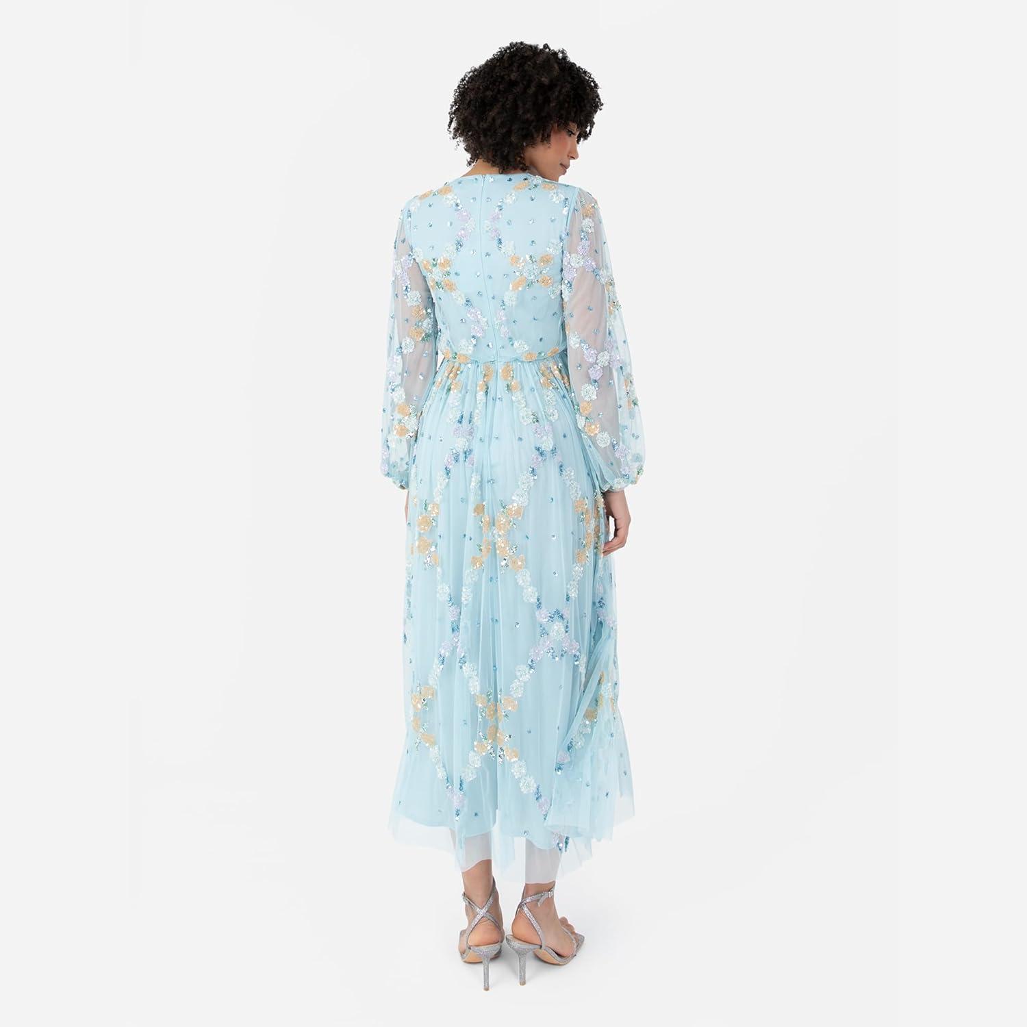 imageMaya Deluxe Womens Midaxi Dress Ladies Long Puff Sleeve Round Neck Floral Sequin Embellished Tulle ALine Bridesmaid Wedding Guest Robe Femme Lot de 1Sky Blue