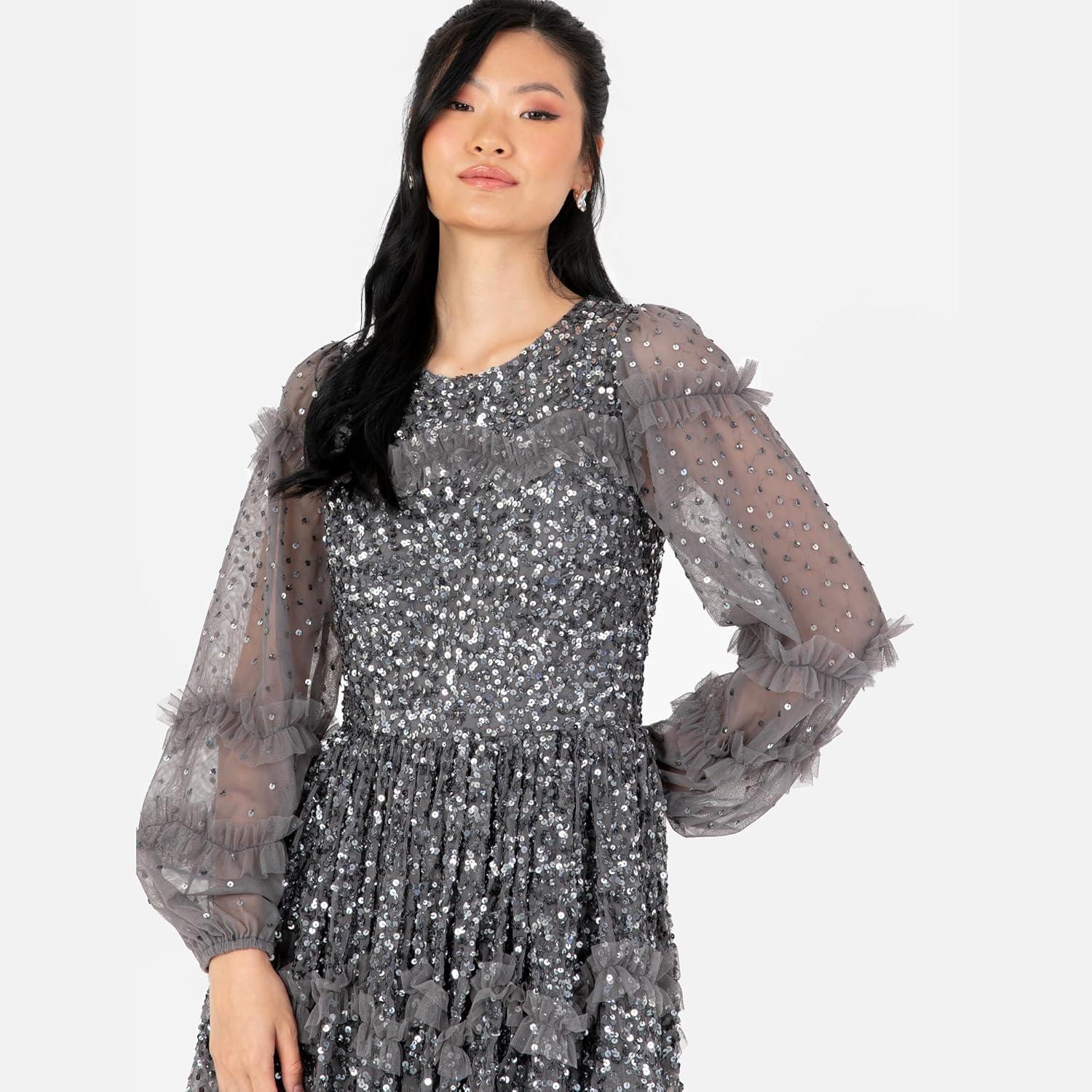 imageMaya Deluxe Womens Midi Dress Ladies Long Sleeve Sequin Embellished Ruffle for Wedding Guest Bridesmaid Occasion Evening Ball Gown FemmeAnthracite