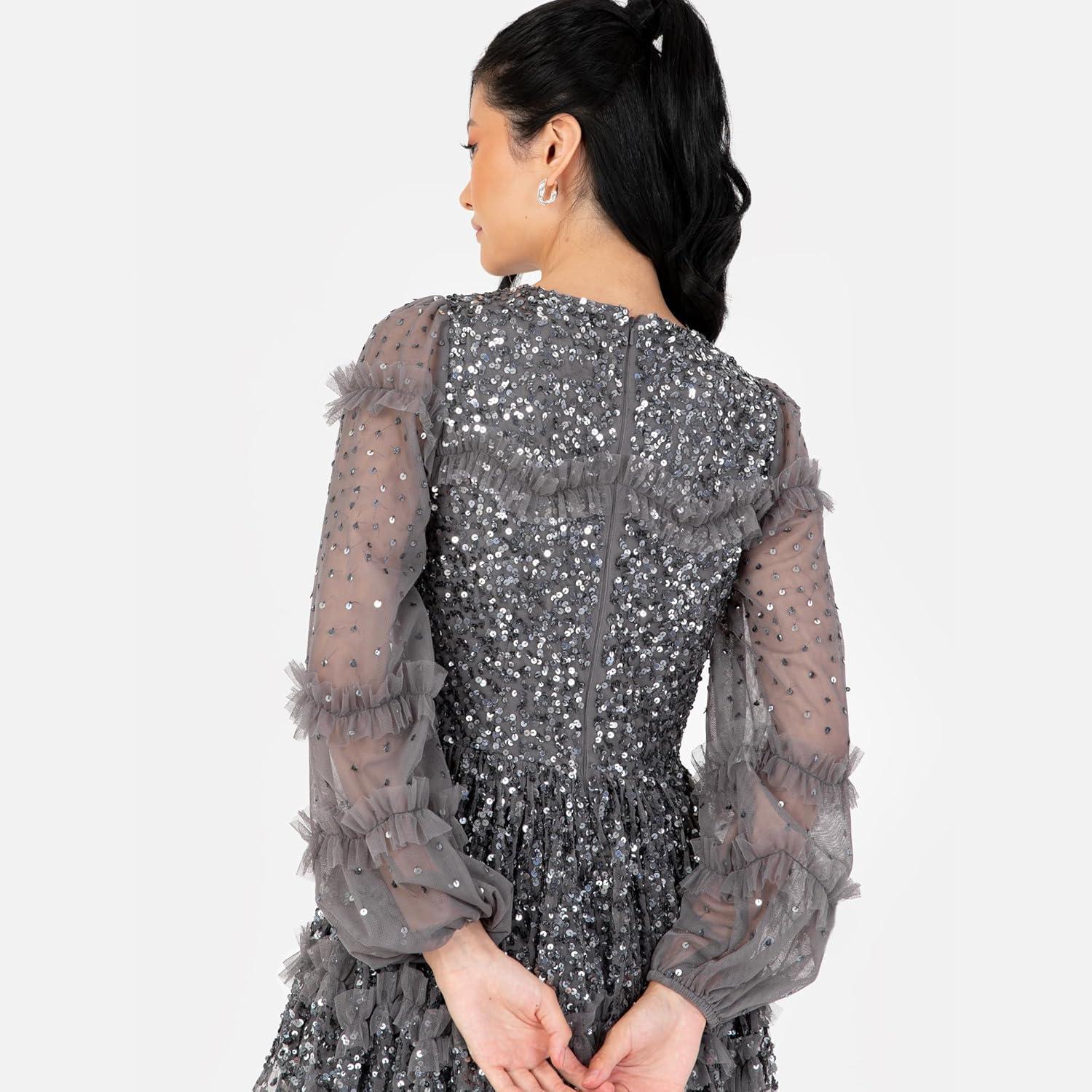 imageMaya Deluxe Womens Midi Dress Ladies Long Sleeve Sequin Embellished Ruffle for Wedding Guest Bridesmaid Occasion Evening Ball Gown FemmeAnthracite