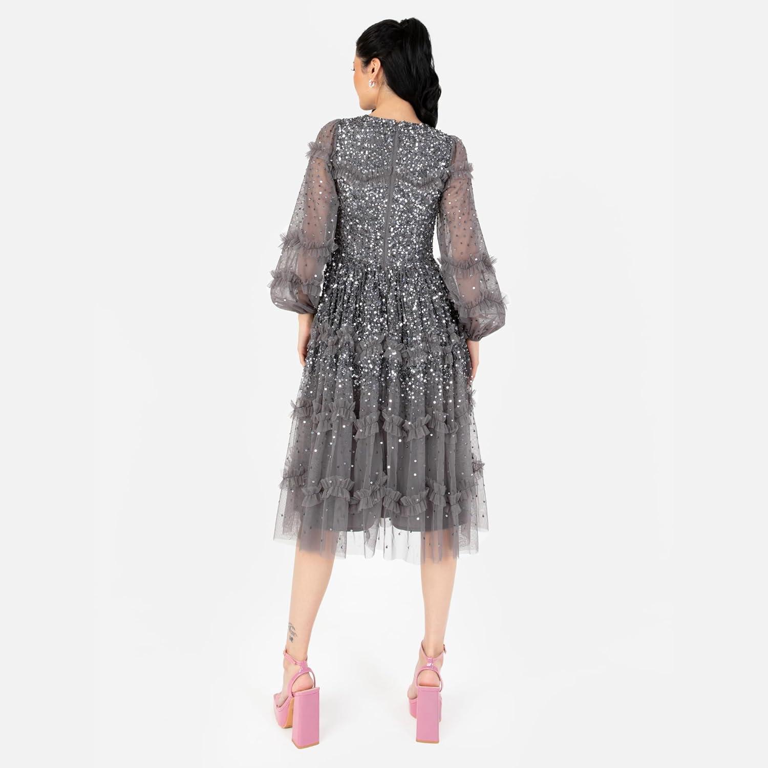 imageMaya Deluxe Womens Midi Dress Ladies Long Sleeve Sequin Embellished Ruffle for Wedding Guest Bridesmaid Occasion Evening Ball Gown FemmeAnthracite