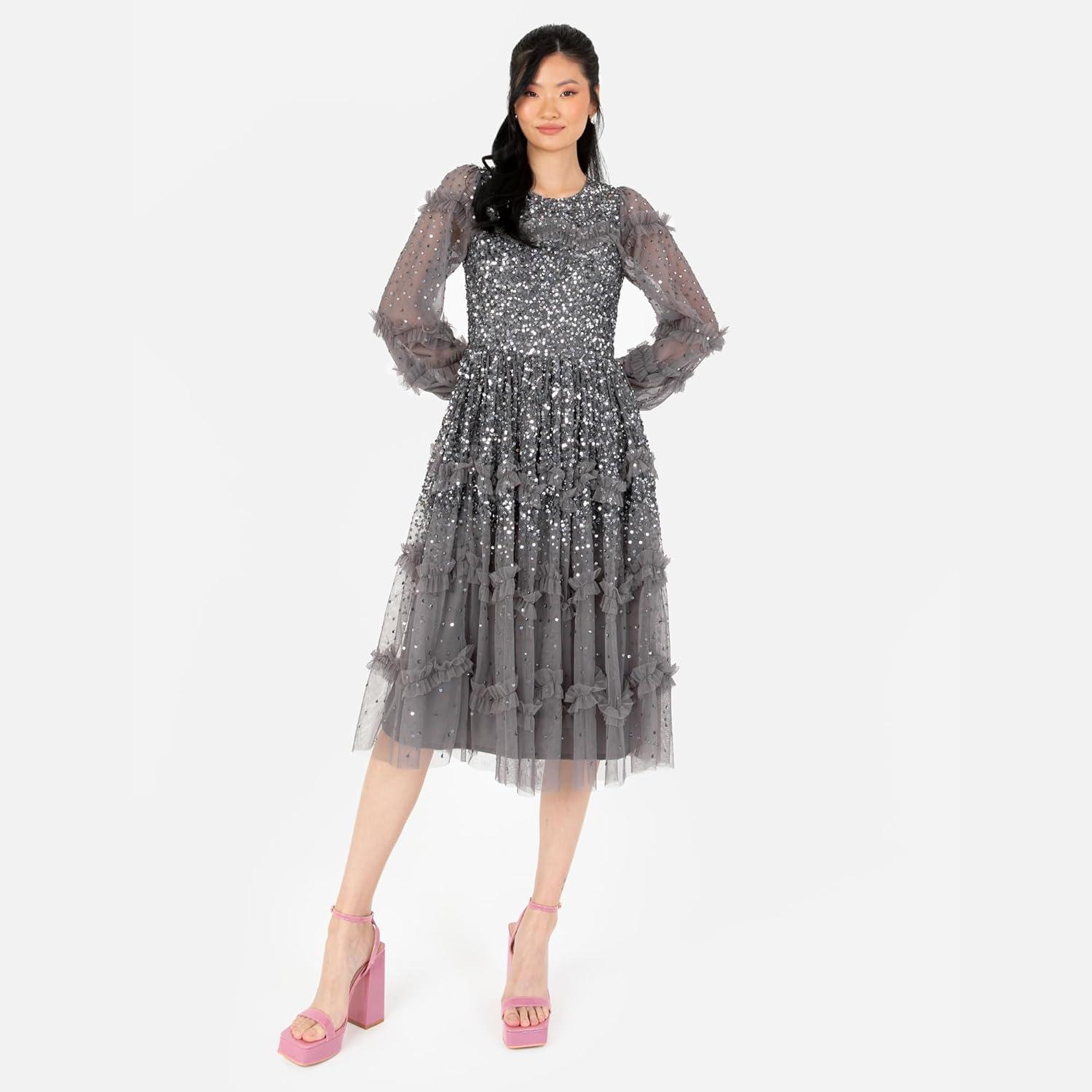 imageMaya Deluxe Womens Midi Dress Ladies Long Sleeve Sequin Embellished Ruffle for Wedding Guest Bridesmaid Occasion Evening Ball Gown FemmeAnthracite
