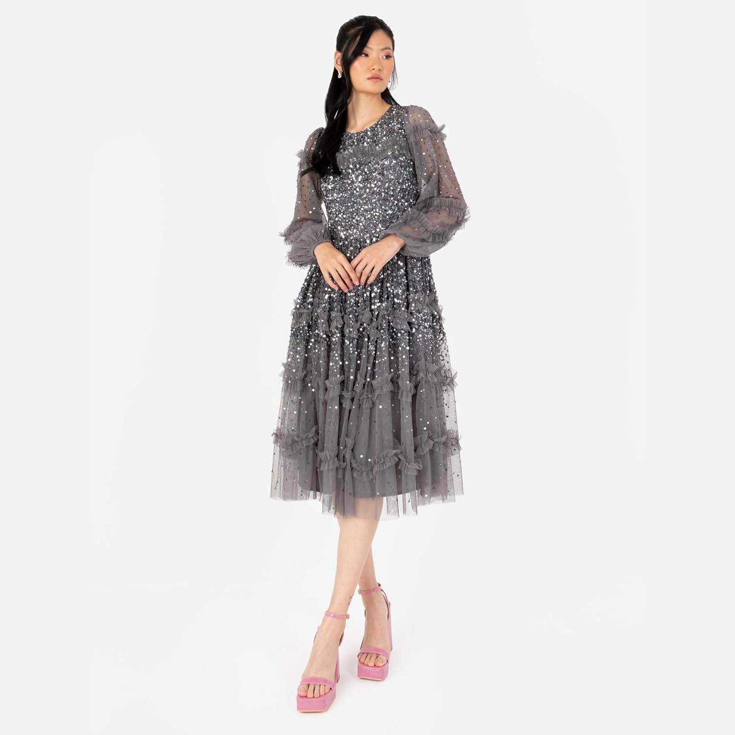 imageMaya Deluxe Womens Midi Dress Ladies Long Sleeve Sequin Embellished Ruffle for Wedding Guest Bridesmaid Occasion Evening Ball Gown FemmeAnthracite
