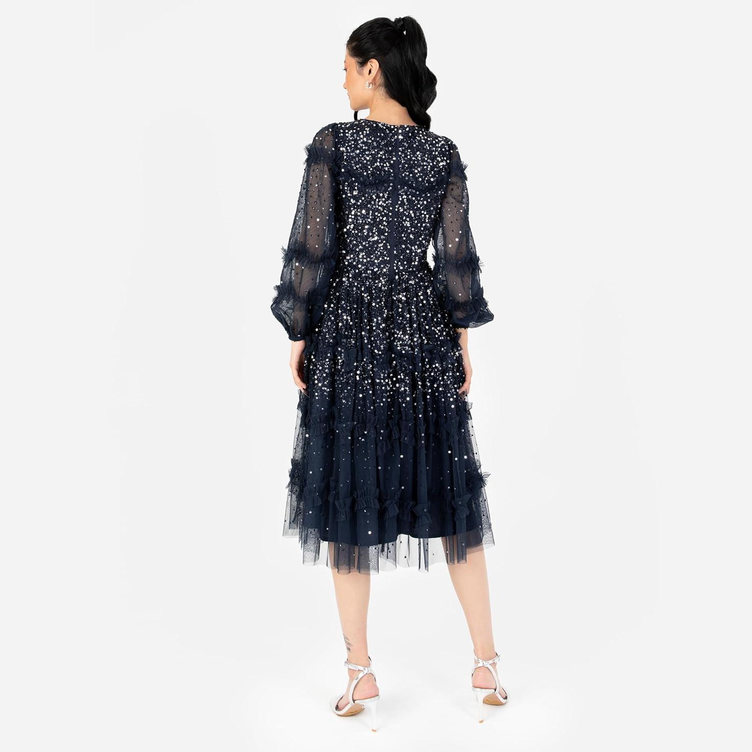imageMaya Deluxe Womens Midi Dress Ladies Long Sleeve Sequin Embellished Ruffle for Wedding Guest Bridesmaid Occasion Evening Ball Gown FemmeBleu Marine