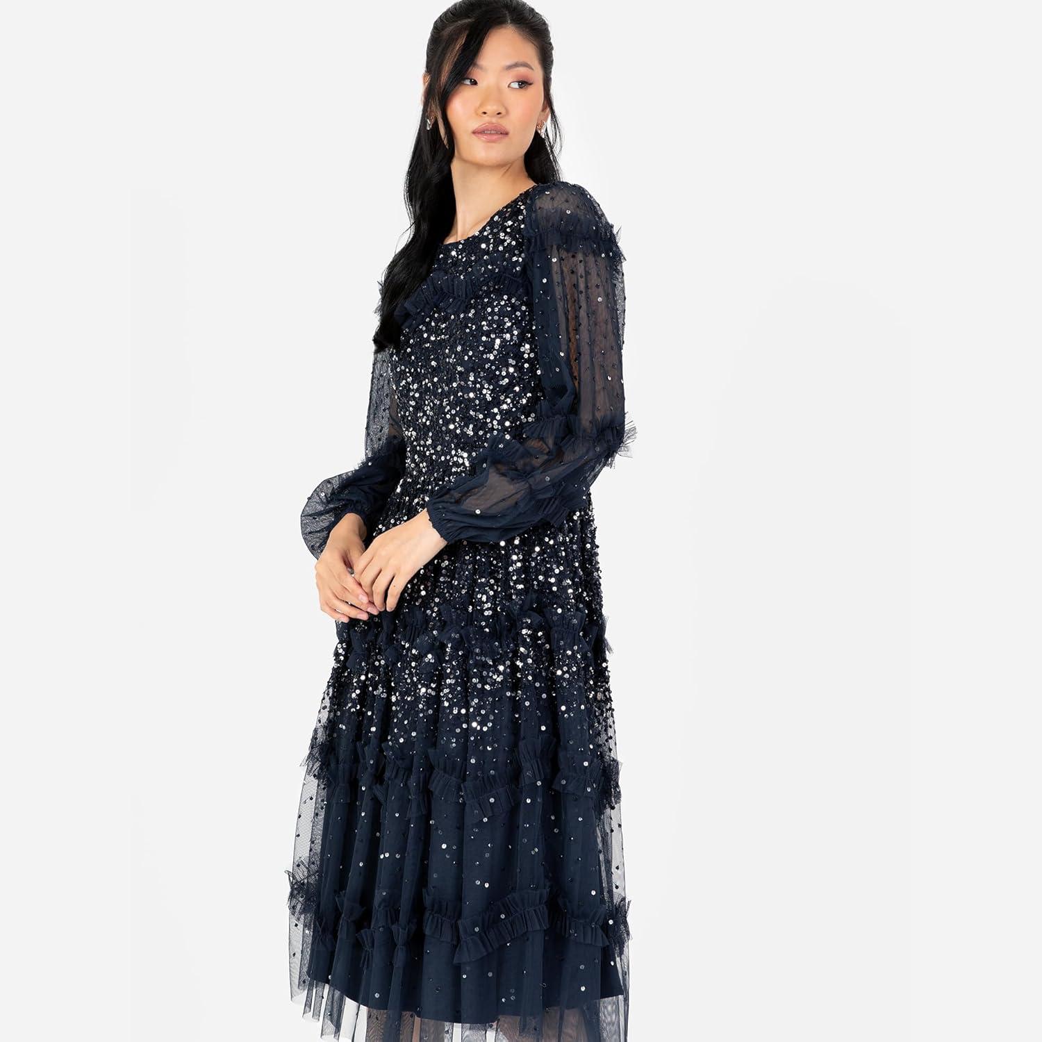 imageMaya Deluxe Womens Midi Dress Ladies Long Sleeve Sequin Embellished Ruffle for Wedding Guest Bridesmaid Occasion Evening Ball Gown FemmeBleu Marine