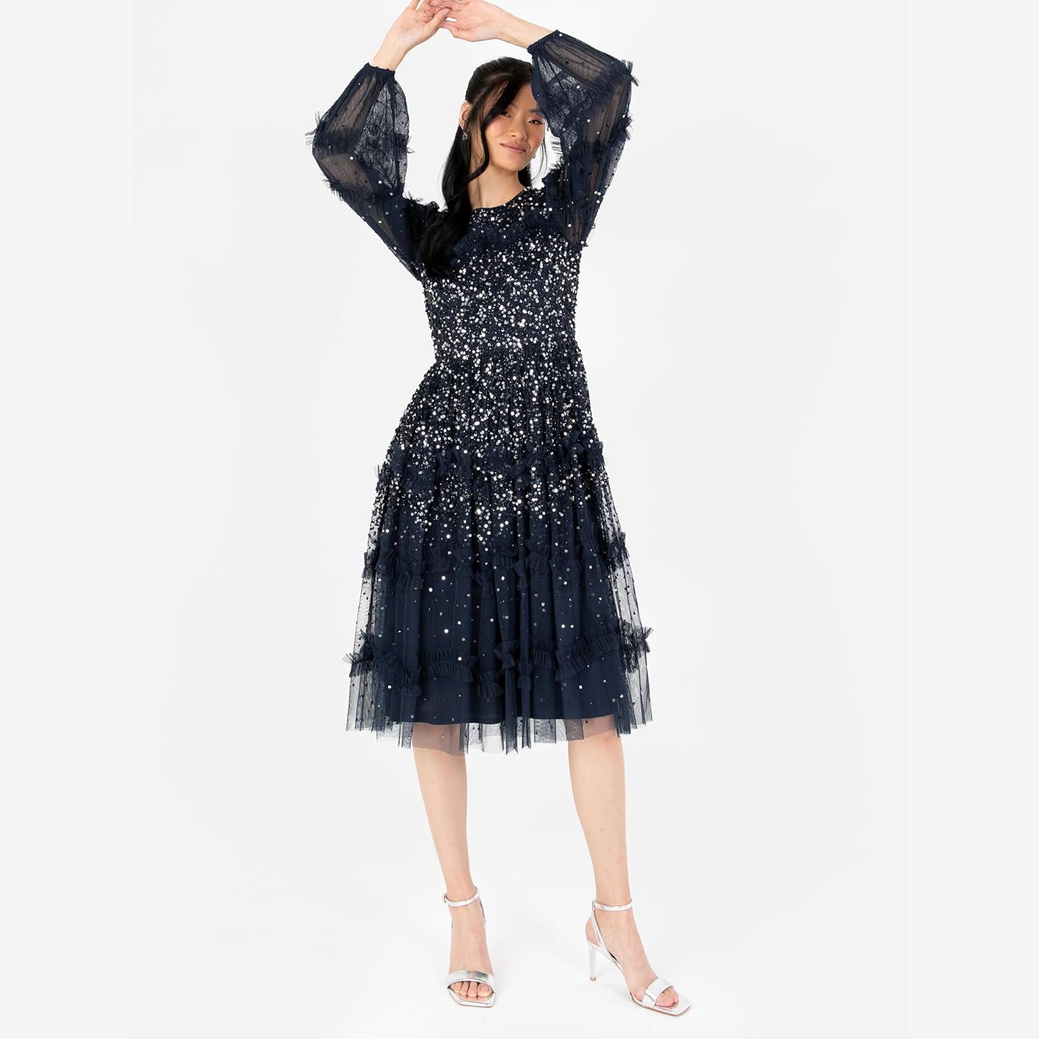 imageMaya Deluxe Womens Midi Dress Ladies Long Sleeve Sequin Embellished Ruffle for Wedding Guest Bridesmaid Occasion Evening Ball Gown FemmeBleu Marine