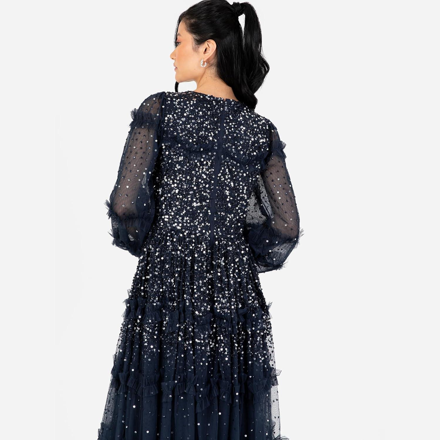 imageMaya Deluxe Womens Midi Dress Ladies Long Sleeve Sequin Embellished Ruffle for Wedding Guest Bridesmaid Occasion Evening Ball Gown FemmeBleu Marine
