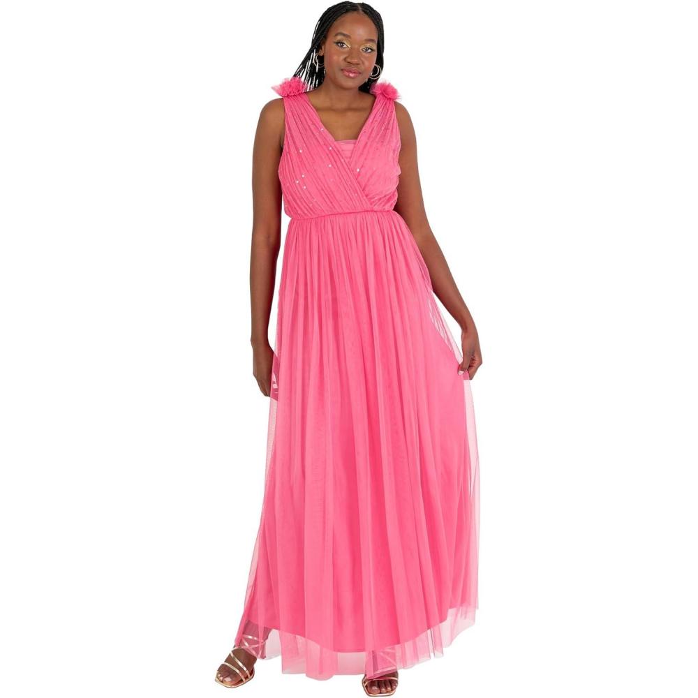 imageAnaya with Love Womens Maxi Dress Ladies Sleeveless VNeck Sequin Embellished Tulle Ruffle Shoulder ALine Bridesmaid Prom Ball Gown Robe FemmeHot Pink