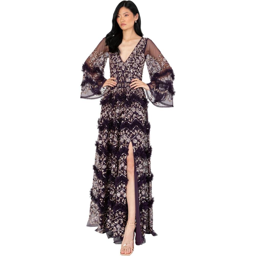 imageMaya Deluxe Ladies Womens Maxi Dress V Neckline Sequin with Ruffle Empire Waist Slit Split for Prom Ball Bridesmaid Wedding Guest Robes Femme Lot de 1Berry